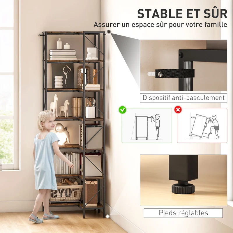 Bibliothèque d'angle 7 niveaux 60 x 60 x 198 cm gain de place stable industriel en panneau de particules brun rustique 21_0002536