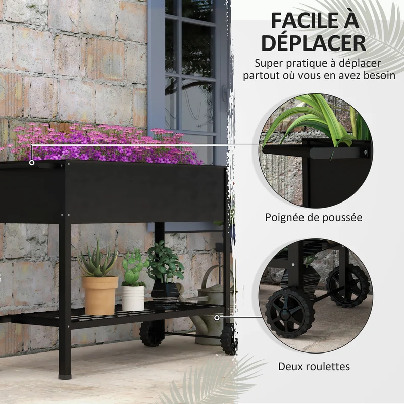 Jardinière potagère sur pieds 109 x 44 x 80 cm avec étagère et insert d'irrigation contemporain épuré en métal noir 21_0004168