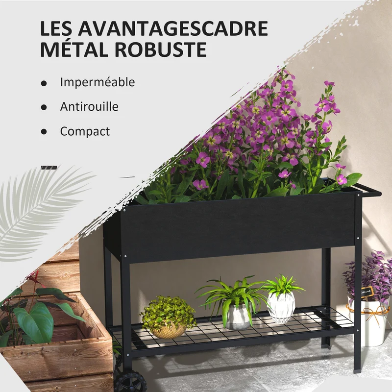 Jardinière potagère sur pieds 109 x 44 x 80 cm avec étagère et insert d'irrigation contemporain épuré en métal noir 21_0004168