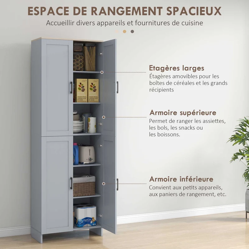 Armoire de cuisine 60 x 30 x 170,5 cm 6 étagères ajustables portes encastrées moderne en panneau de particules gris 21_0002351