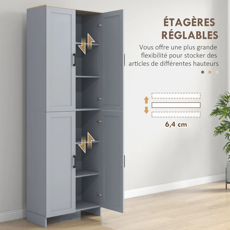 Armoire de cuisine 60 x 30 x 170,5 cm 6 étagères ajustables portes encastrées moderne en panneau de particules gris 21_0002351