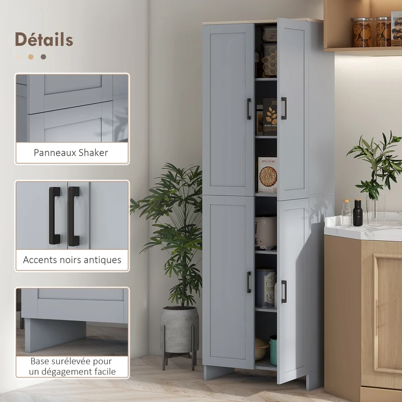 Armoire de cuisine 60 x 30 x 170,5 cm 6 étagères ajustables portes encastrées moderne en panneau de particules gris 21_0002351