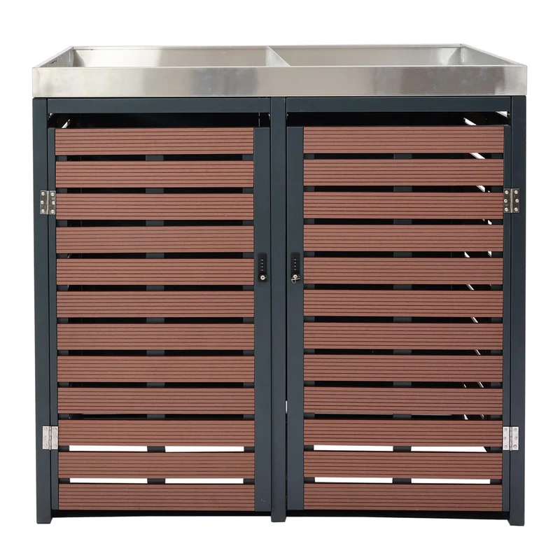 Cache poubelles double avec bac à plantes 124x134x84 cm WPC acier inoxydable acier galvanisé finition bois noyer 04_0005719