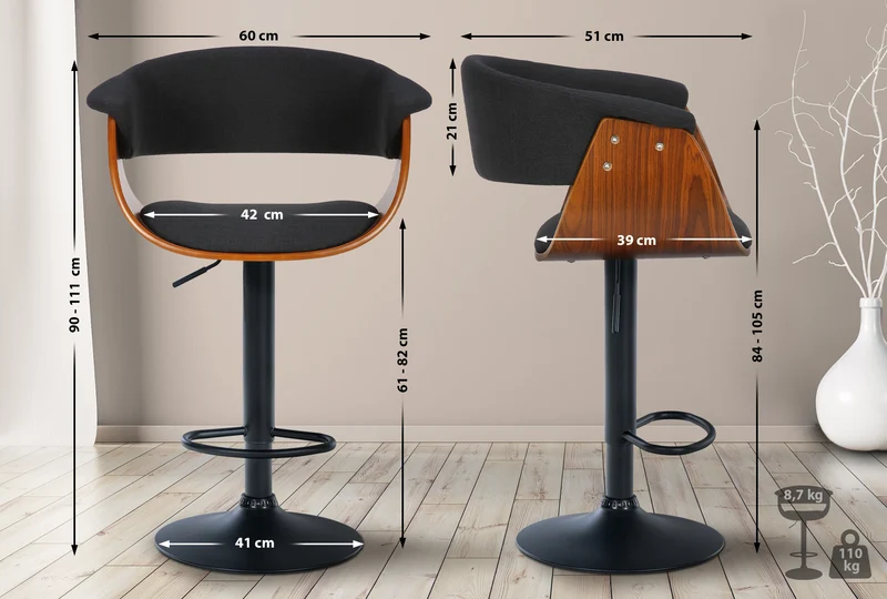 Lot de 2 tabourets de bar chic et confortable en bois noyer tissu et métal noir TDB10719