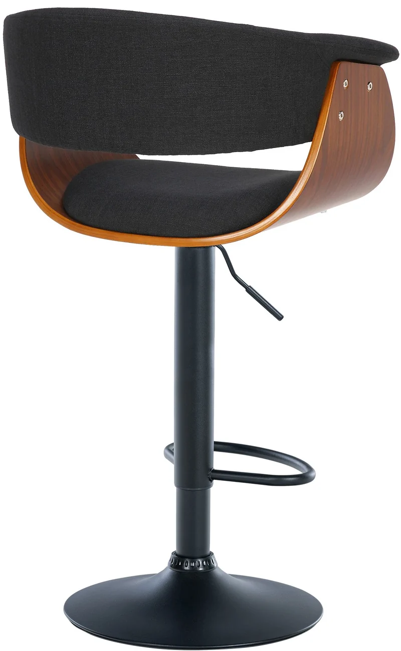 Tabouret de bar design moderne siège réglable en hauteur et pivotant en tissu noir coque en bois noyer et métal noir 10_0005453