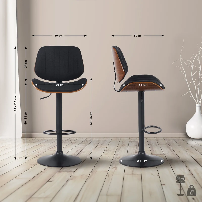 Lot de 2 tabourets de bar style rétro moderne assise en tissu noir bois noyer et cadre métal noir 10_0006701