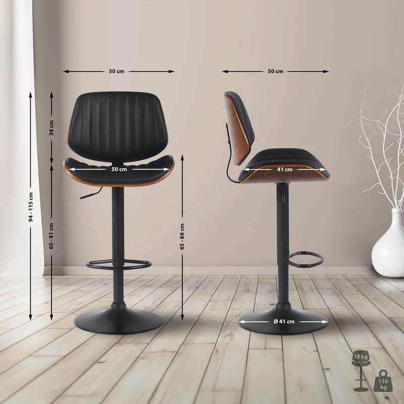 Tabouret de bar x1 style rétro moderne assise en similicuir noir bois noyer et cadre métal noir 10_0006653