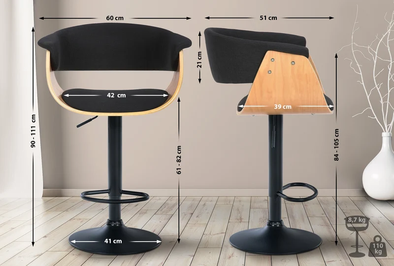 Lot de 2 tabourets de bar chic et confortable en bois clair tissu et métal noir TDB10720