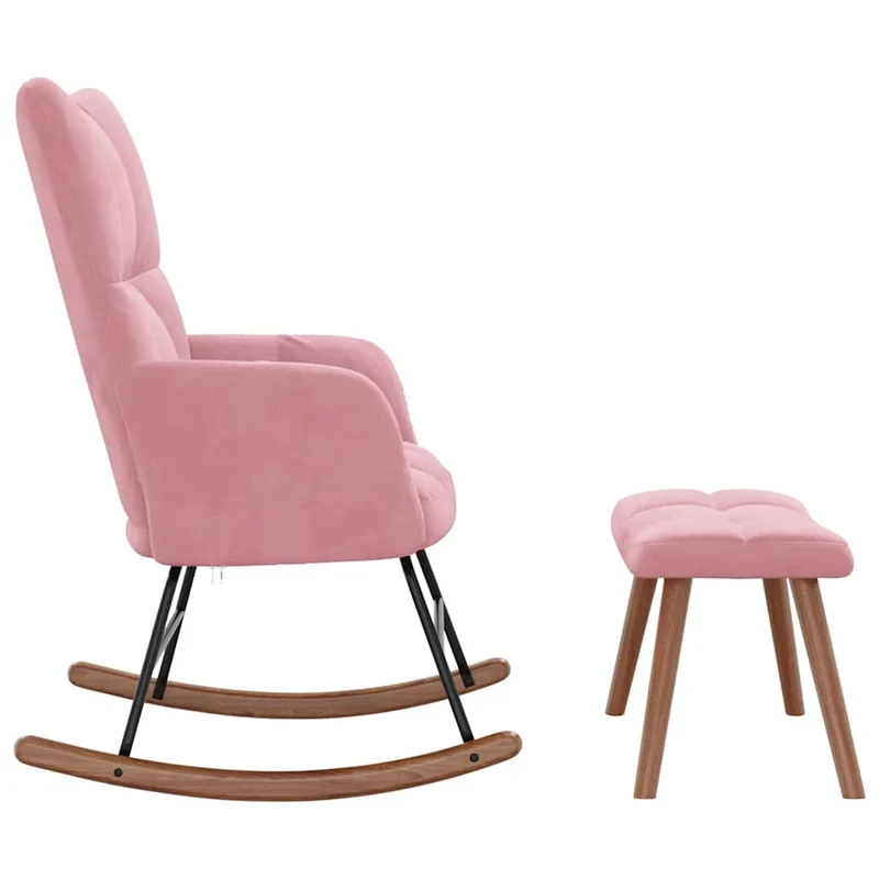 Fauteuil à bascule rembourré relax pour salon avec repose-pied en velours rose DEC028842