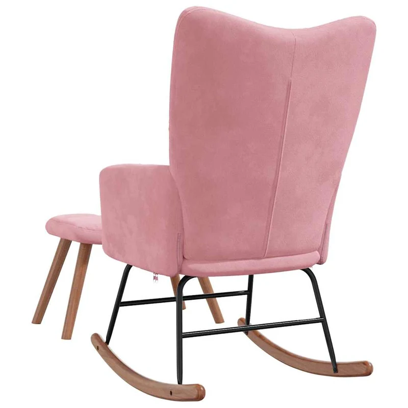 Fauteuil à bascule rembourré relax pour salon avec repose-pied en velours rose DEC028842
