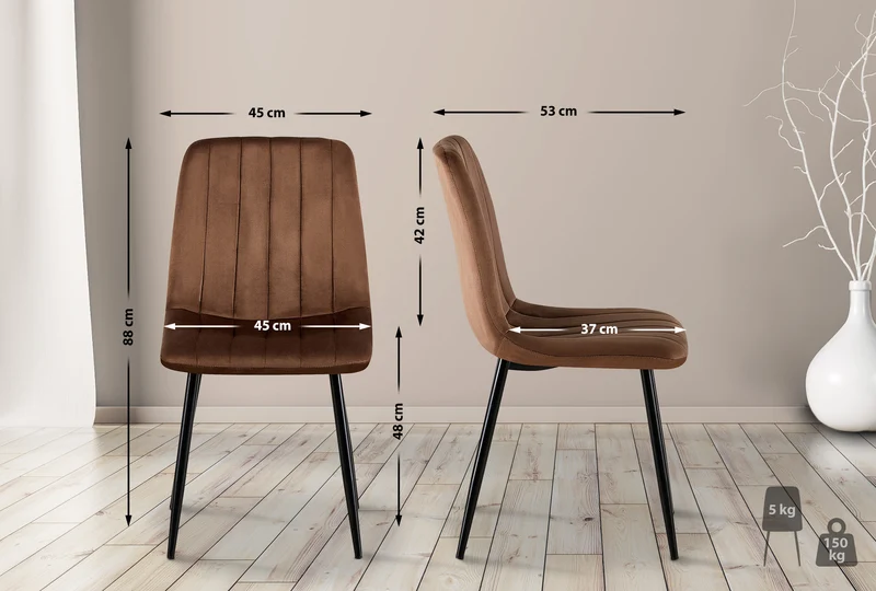 Chaises de salle à manger x4 coutures décoratives verticales assise en velours marron pieds en métal noir 10_0007550