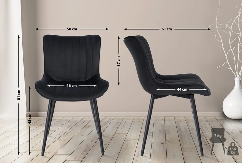 Chaise de salle à manger x1 coutures décoratives verticales avec pieds en métal noir assise en velours noir 10_0002262