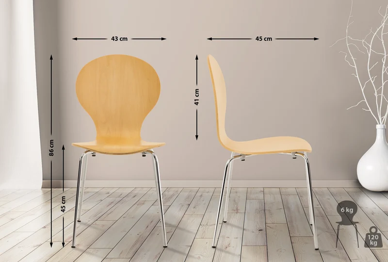 Lot de 4 chaises de cuisine salle à manger empilables dossier arrondi en bois clair et métal chromé 10_0003177
