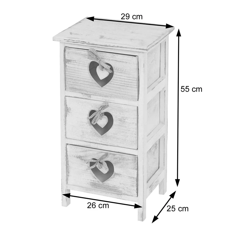 Petit meuble de rangement table de chevet 3 tiroirs avec motif coeurs 55x29x25cm style vintage blanc 04_0002479