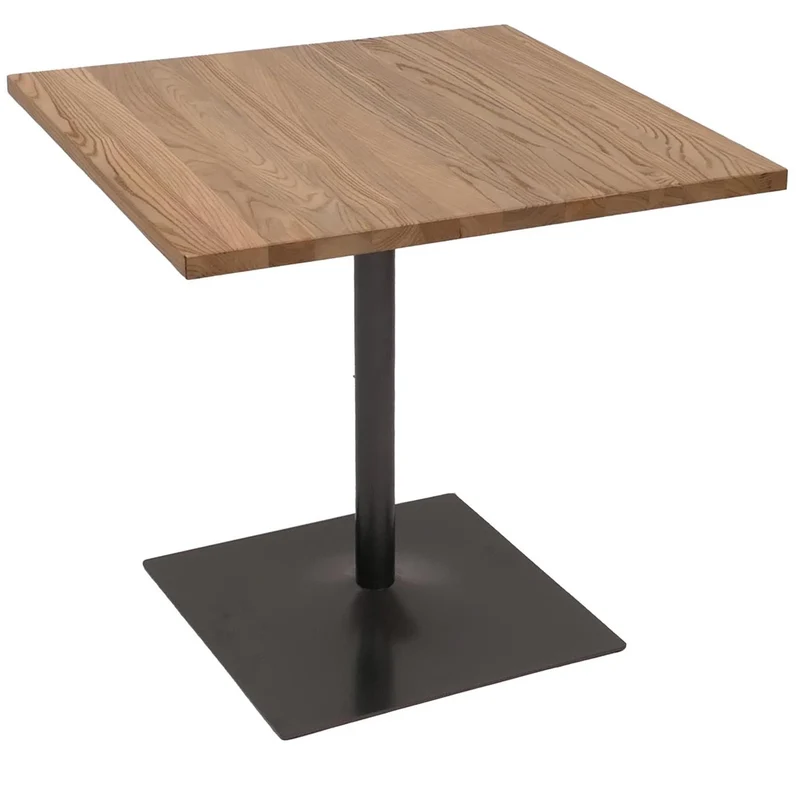 Table bistrot industrielle carrée 80x80 cm plateau en orme massif brun clair pied en acier 04_0009455