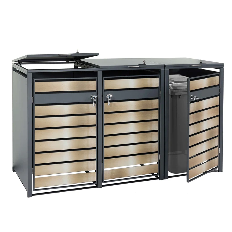 Cache poubelles 3 bacs extensible verrouillable avec ouverture assistée métal anthracite finition or 200x80 cm 04_0006557