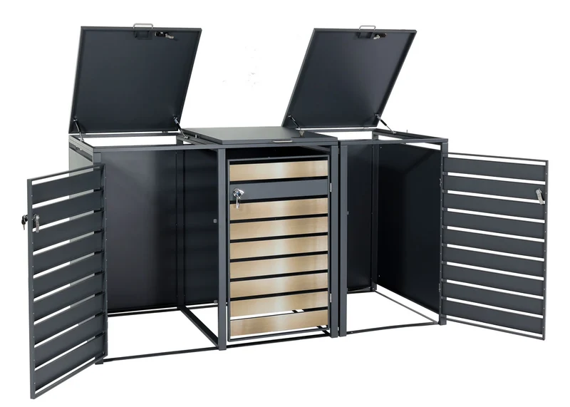 Cache poubelles 3 bacs extensible verrouillable avec ouverture assistée métal anthracite finition or 200x80 cm 04_0006557