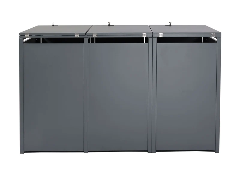 Cache poubelles 3 bacs extensible verrouillable avec ouverture assistée métal anthracite finition or 200x80 cm 04_0006557
