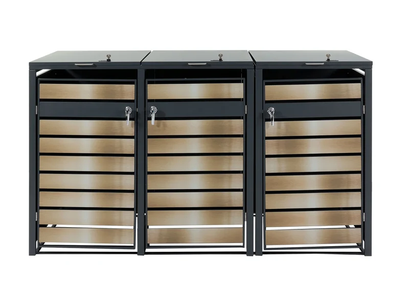 Cache poubelles 3 bacs extensible verrouillable avec ouverture assistée métal anthracite finition or 200x80 cm 04_0006557