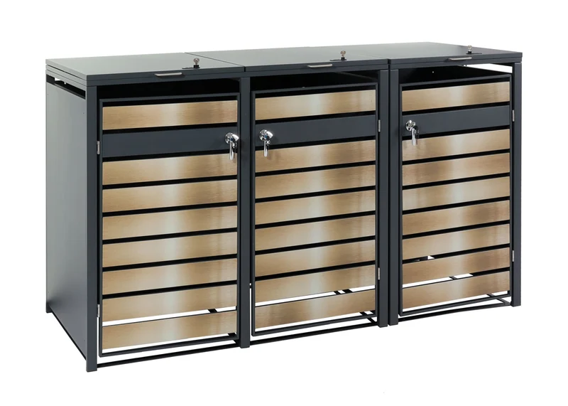 Cache poubelles 3 bacs extensible verrouillable avec ouverture assistée métal anthracite finition or 200x80 cm 04_0006557