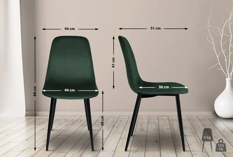 Lot de 4 chaises de salle à manger design moderne en tissu velours vert foncé pieds en métal noir 10_0001826