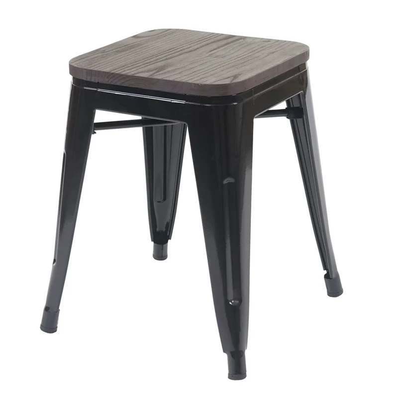 Set de 4 tabourets bas assise en bois cadre en métal noir design industriel empilable 04_0005231