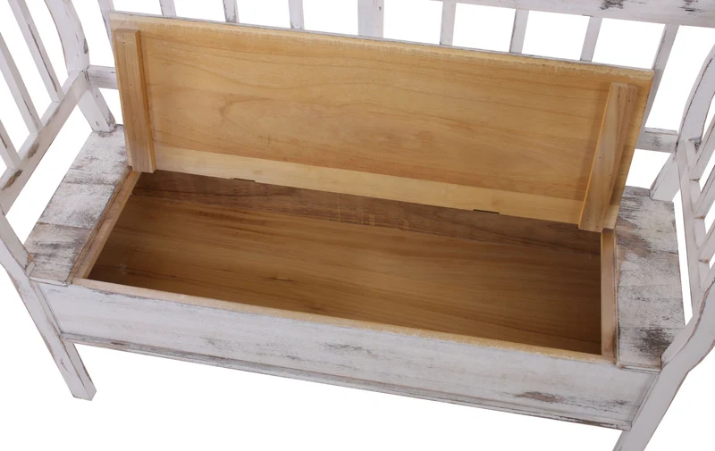 Banc style vintage avec compartiment de rangement et coussin bois blanc vieilli 04_0001171