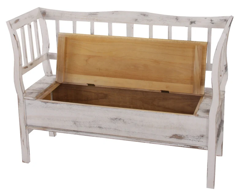 Banc style vintage avec compartiment de rangement et coussin bois blanc vieilli 04_0001171