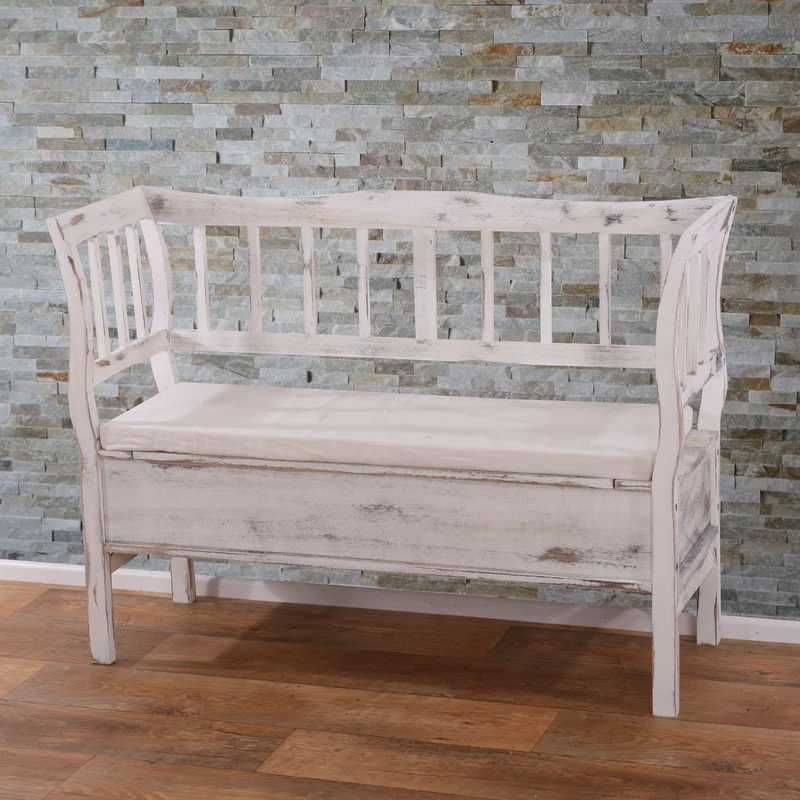 Banc style vintage avec compartiment de rangement et coussin bois blanc vieilli 04_0001171