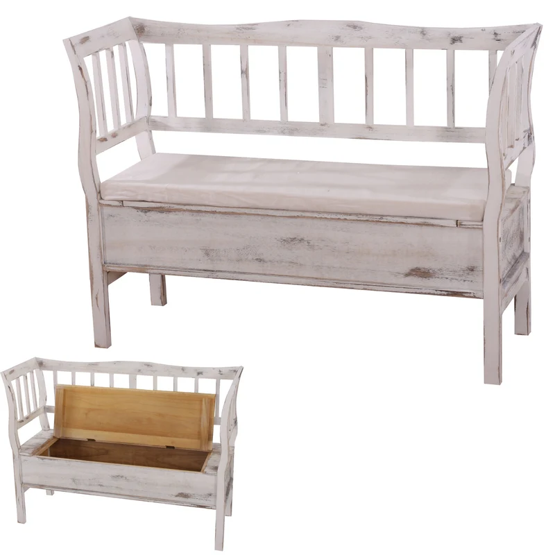 Banc style vintage avec compartiment de rangement et coussin bois blanc vieilli 04_0001171