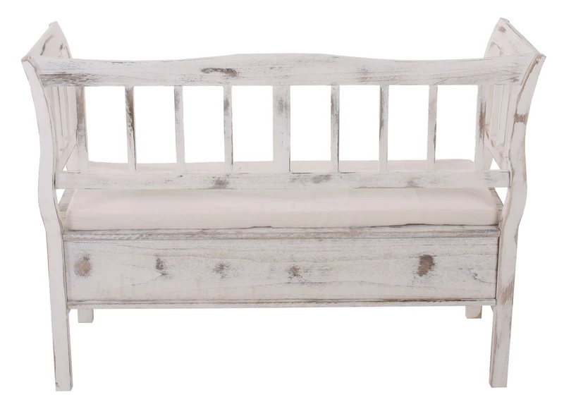 Banc style vintage avec compartiment de rangement et coussin bois blanc vieilli 04_0001171