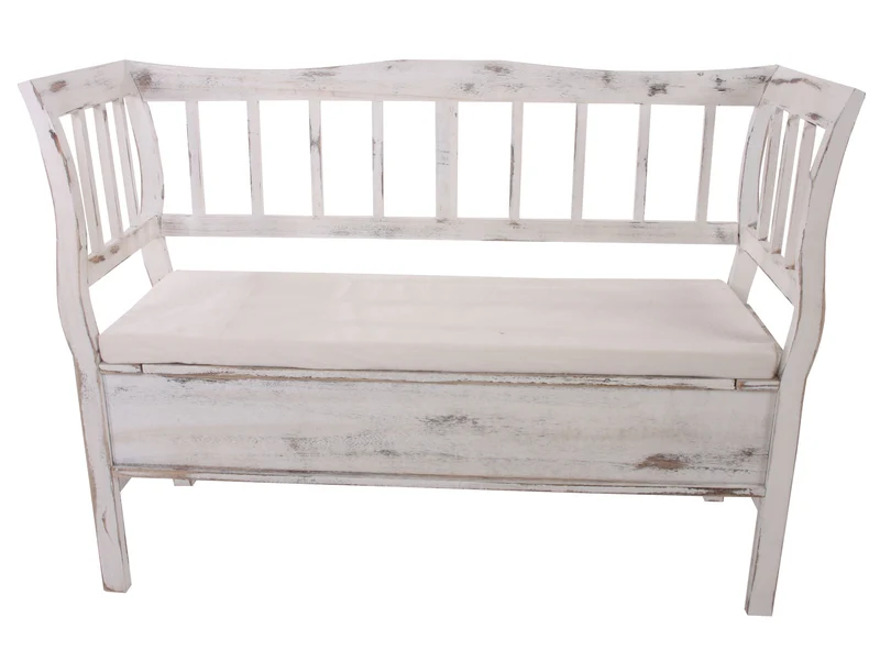 Banc style vintage avec compartiment de rangement et coussin bois blanc vieilli 04_0001171
