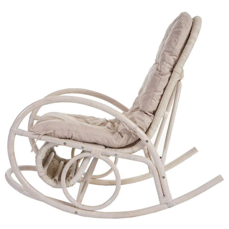 Fauteuil à bascule chaise Swing rocking chair en rotin blanc coussin crème 04_0003176