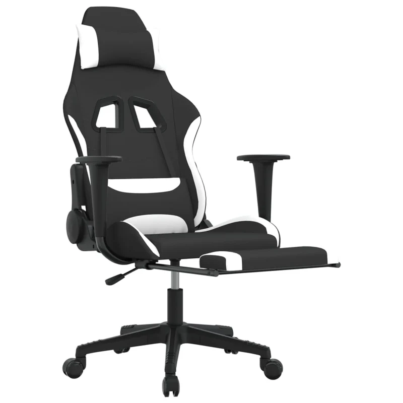 Fauteuil de bureau chaise gaming sur roulettes avec repose-pieds en tissu blanc et noir DEC025750