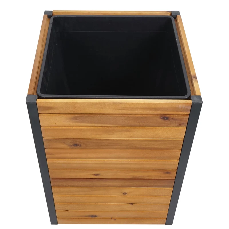 Lot de 2 jardinières pot fleurs pour extérieur en bois d'acacia marron cadre en aluminium 04_0007413