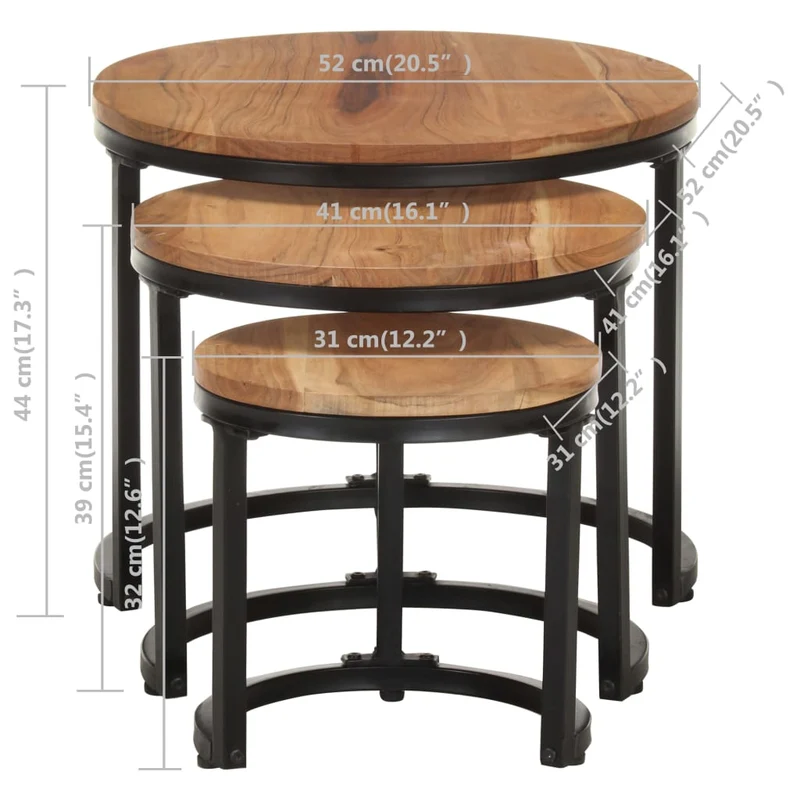 Lot de 3 tables d'appoint en bois d'acacia et fer DEC032659