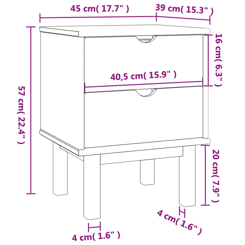 Table de chevet avec deux tiroirs 45 x 39 x 57 cm bois pin massif gris DEC034542