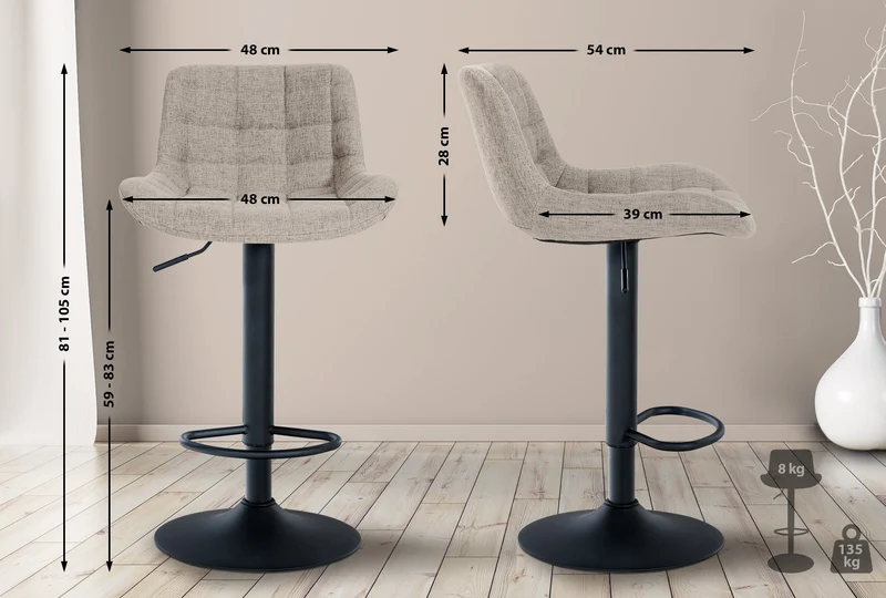 Lot de 2 tabourets de bar en tissu couleur taupe avec surpiqûres décoratives carrées cadre métal noir avec repose-pieds 10_0006069