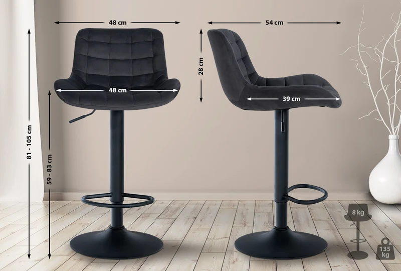 Lot de 2 tabourets de bar en velours noir avec surpiqûres décoratives carrées cadre métal noir avec repose-pieds 10_0006590