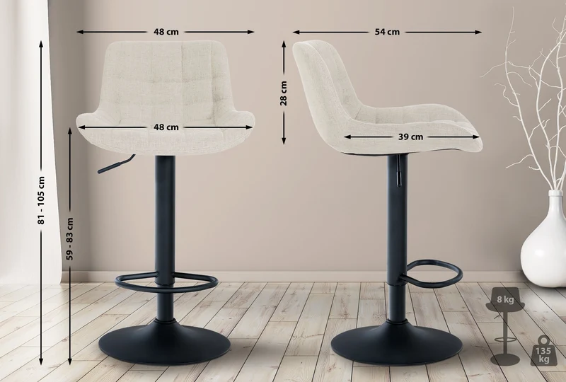 Lot de 2 tabourets de bar en tissu crème avec surpiqûres décoratives carrées cadre métal noir avec repose-pieds 10_0006065