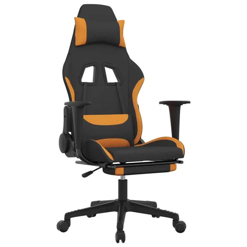 Fauteuil de bureau chaise gaming sur roulettes avec repose-pied en tissu noir et orange DEC025788