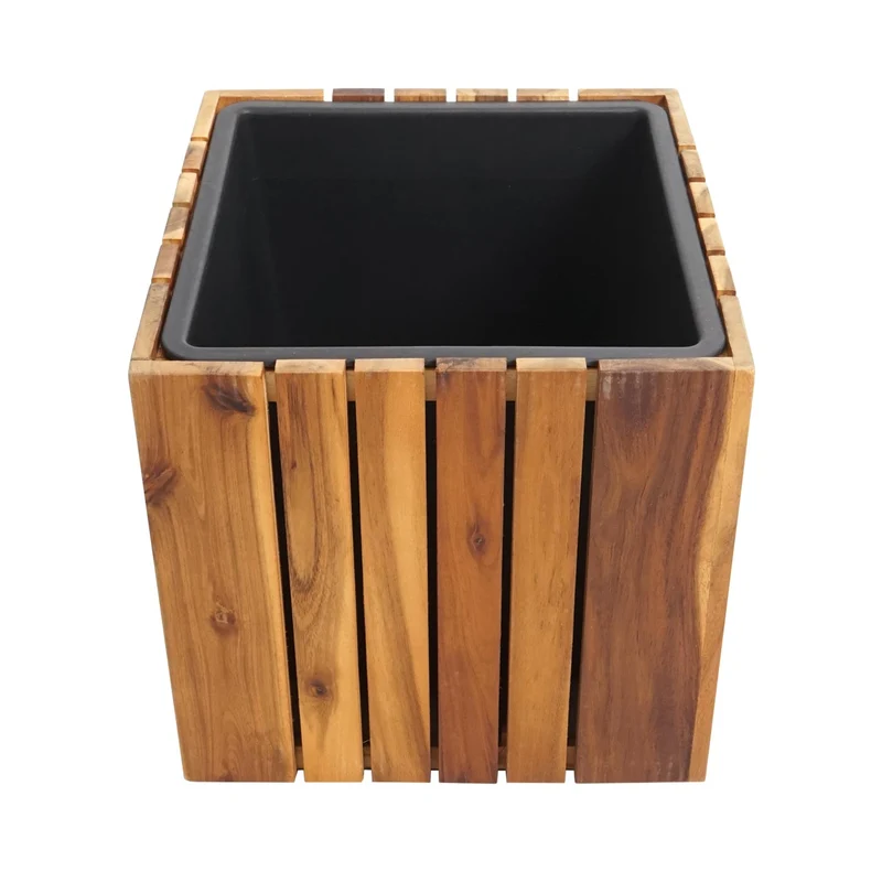 Lot de 2 jardinières cache-pot pot de fleur bac à fleurs rond carré extérieur bois d'acacia marron 04_0007414