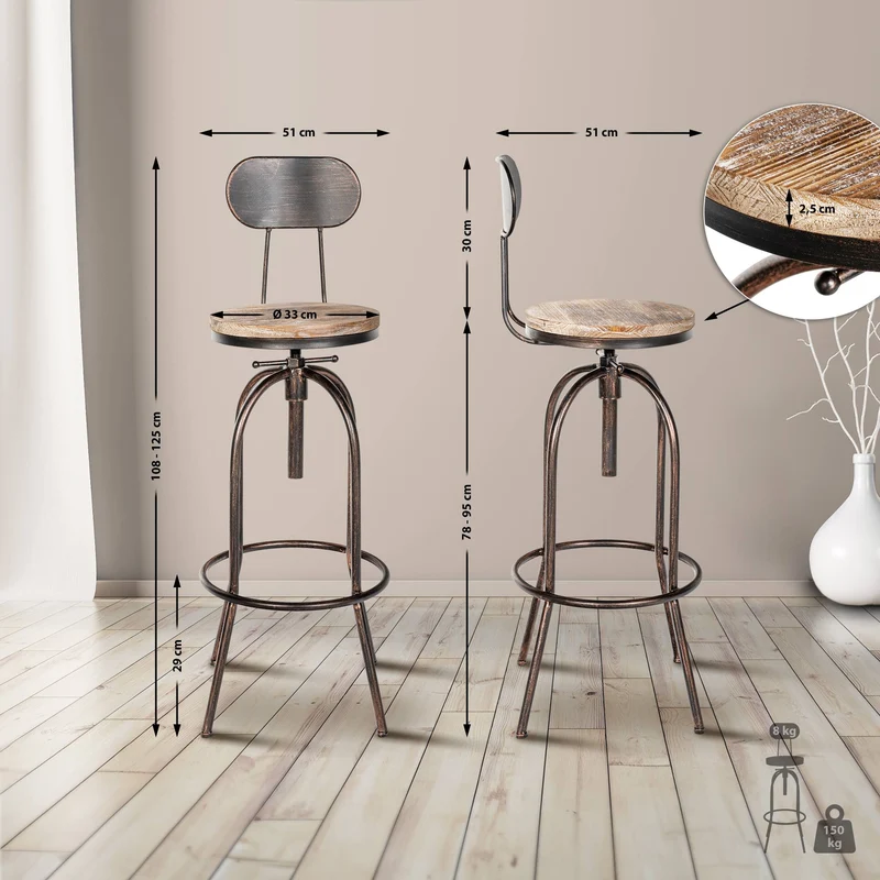Lot de 2 tabourets de bar design industriel avec dossier repose-pieds en bois et métal bronze 10_0006179