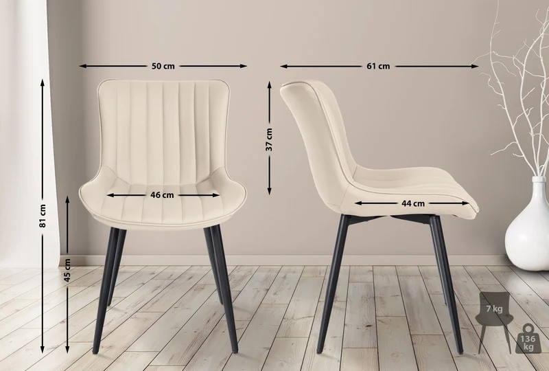 Lot de 2 chaises de salle à manger coutures décoratives verticales avec pieds en métal noir assise en PVC crème 10_0001730