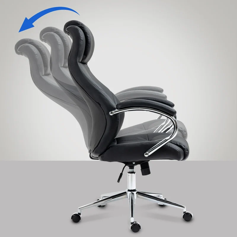 Fauteuil de bureau sur roulettes avec accoudoirs forme ergonomique en véritable cuir noir et métal chromé 10_0002642
