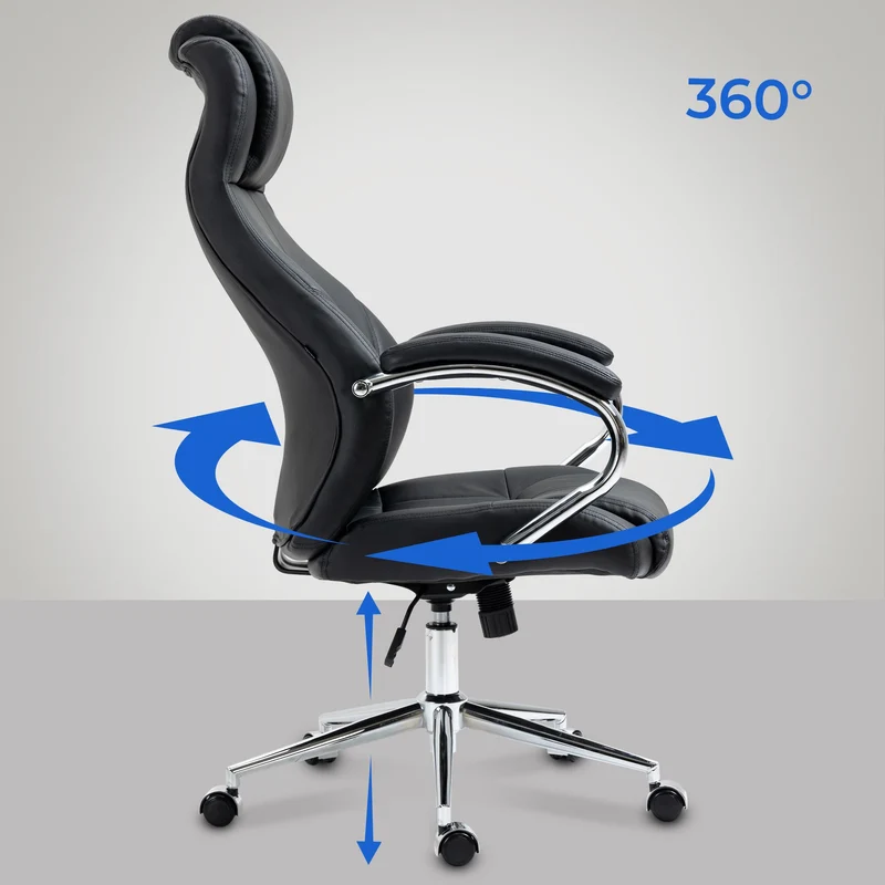 Fauteuil de bureau sur roulettes avec accoudoirs forme ergonomique en véritable cuir noir et métal chromé 10_0002642
