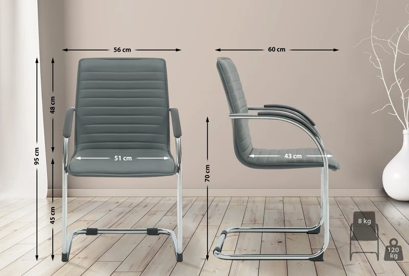 Lot de 2 chaises visiteur en similicuir gris piètement luge métal avec accoudoirs style moderne bureau salle d’attente 10_0008534