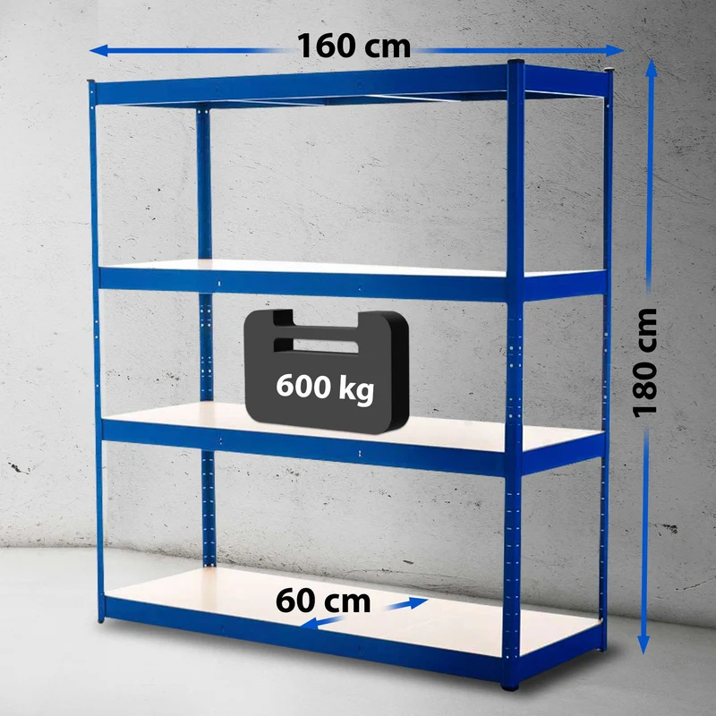 Étagère de stockage charge lourde 180 x 160 x 60 cm rayonnage métallique bleu galvanisé 4 niveaux 10_0009041