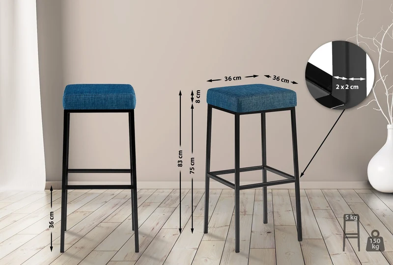 Lot de 2 tabourets de bar assise tissu bleu rembourrée piètement métal noir avec repose-pieds 10_0006826