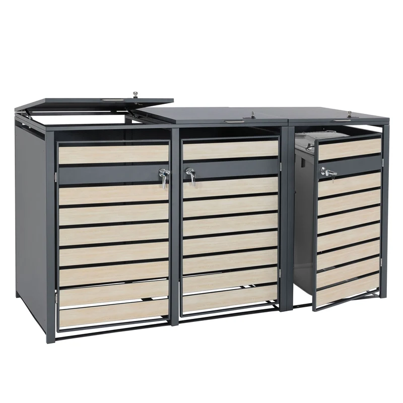 Cache-poubelles triple en acier anthracite avec aspect bois clair pour bacs 80–240 L couvercle Soft-Close 04_0010466
